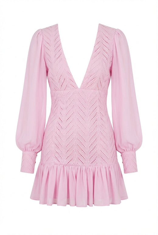 Avoria | Mini Dress Wedding Guest Pink V-Neck Long Sleeve
