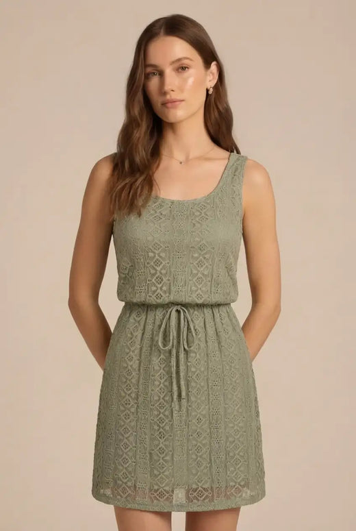 Avoria | Sage Green Eyelet Lace Dress with Adjustable Drawstring Waist