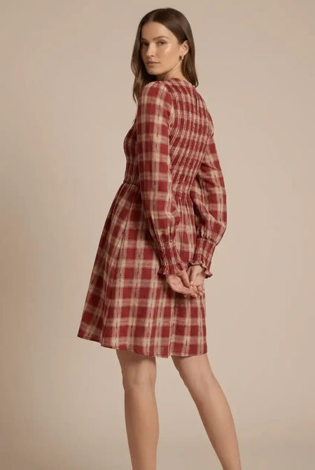 Avoria | Smocked Plaid Dress Red Puff Sleeve Casual Mini