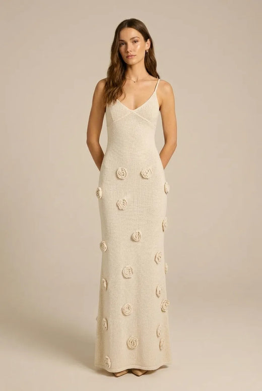 Avoria | Floral Appliqué Summer Knit Women’s Dress Beige